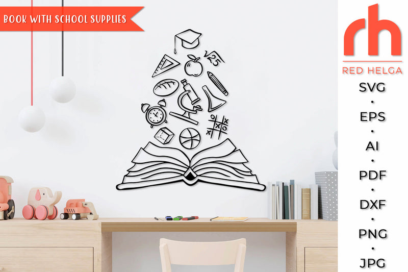 Book with School Supplies SVG - Librarian Cut File SVG RedHelgaArt 