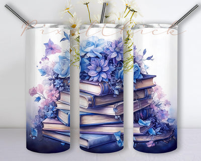 Books And Blue Watercolor Flowers 20oz Skinny Tumbler Png, Bohemian Blue Watercolor Tumbler, Watercolor Dusty Blue Tumbler, Blue Flowers Png Sublimation PixelChick 