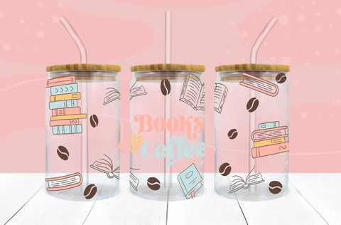 Books And Coffee SVG 16 oz Libbey Glass Can Wrap PNG SVG Freeling Design House 