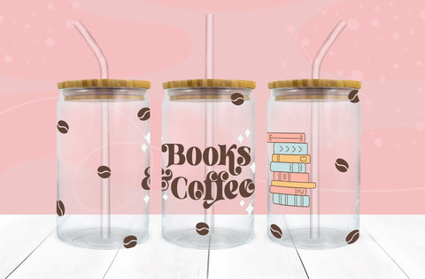 Books And Coffee SVG 16 oz Libbey Glass Can Wrap PNG SVG Freeling Design House 