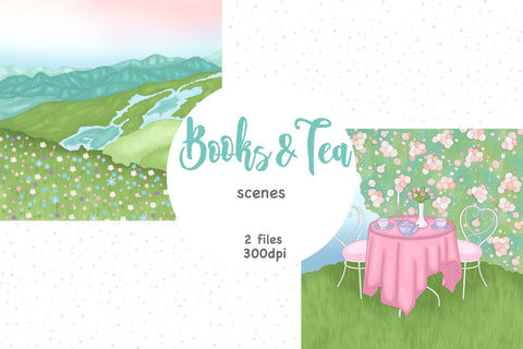 Books And Tea Clipart | Summer Mountains Background SVG GlamArtZhanna 