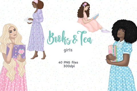 Books And Tea Girl Clipart | Book Lover Illustration SVG GlamArtZhanna 