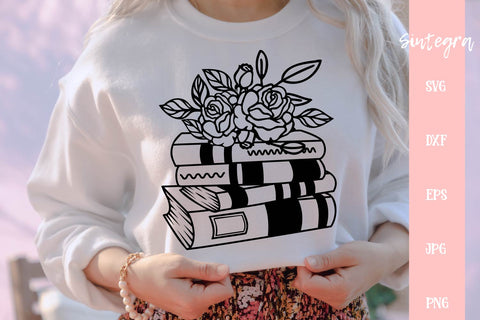 Books Stacked With Flowers SVG Cut File Free For Commercial Use SVG Sintegra 