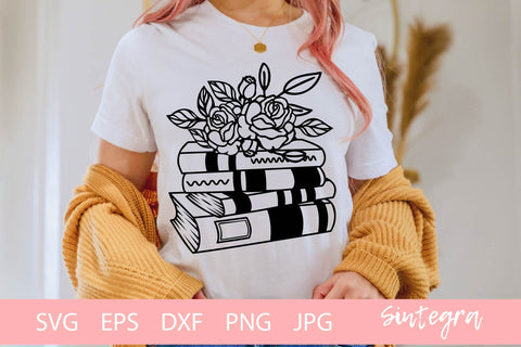 Books Stacked With Flowers SVG Cut File Free For Commercial Use SVG Sintegra 