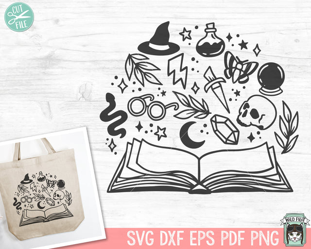 Books SVG, Reading svg, Mystical svg, Skull svg, Moon svg, Halloween SVG, Book Lover svg, Magic svg, Librarian svg, Reading png, Witch svg SVG Wild Pilot 
