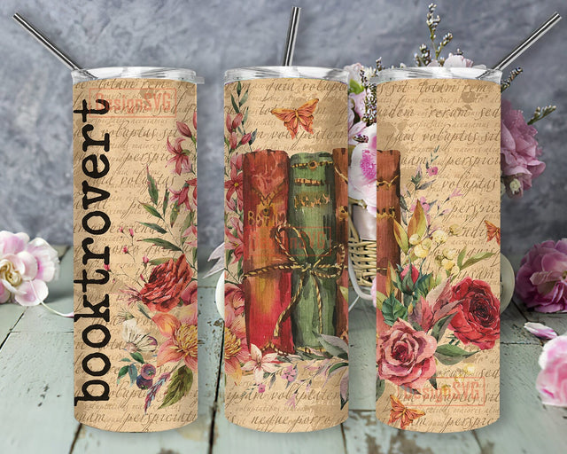 Booktrovert 20oz Skinny Tumbler Png, Book Lover Tumbler, Read Books Png, Booktrovert Floral Tumbler, Book Lover Gift, Reader Gift Sublimation DesignSVG 