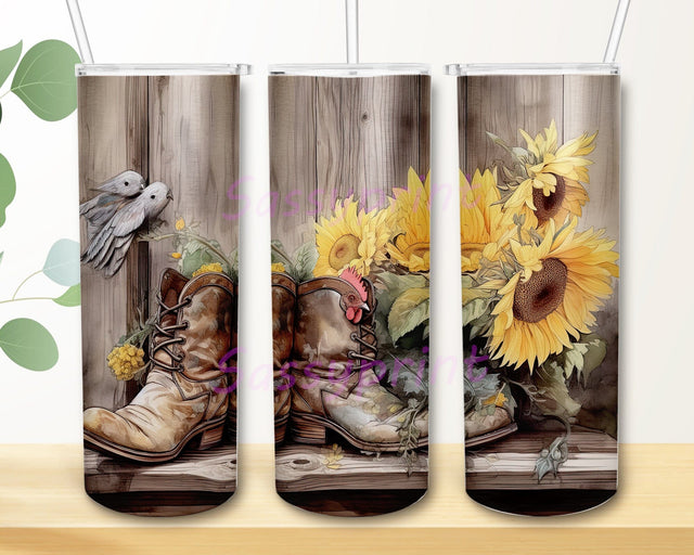 Boots Rustic Sunflowers And Chickens 20oz Skinny Tumbler Png, Western Boots Tumbler, Country Sunflower Cowboy Boots Tumbler, Wood Cowboy Boots Sunflower Tumbler Sublimation sassyprint 