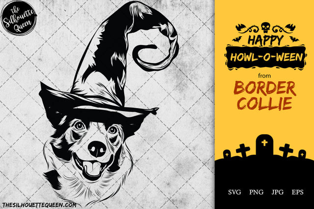Border Collie dog svg portrait clipart vector graphic art Witch hat Halloween dog Cricut cut file cuttable design SVG Loveleen Kaur 