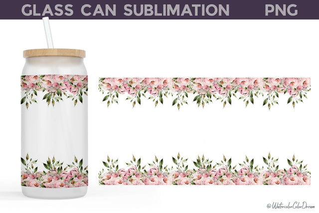 Border Peonies Glass Can | Peony Glass Can Sublimation WatercolorColorDream 