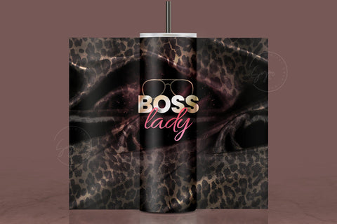 Boss Lady Tumbler, Leopard Print, Black Satin Fabric, Work From Home Mom, Boss Day Gift, 20 oz Seamless Sublimation Skinny Tumbler Wrap PNG Sublimation Syre Digital Creations 
