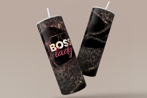 Boss Lady Tumbler, Leopard Print, Black Satin Fabric, Work From Home Mom, Boss Day Gift, 20 oz Seamless Sublimation Skinny Tumbler Wrap PNG Sublimation Syre Digital Creations 