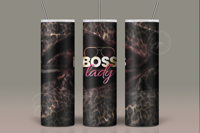 Boss Lady Tumbler, Leopard Print, Black Satin Fabric, Work From Home Mom, Boss Day Gift, 20 oz Seamless Sublimation Skinny Tumbler Wrap PNG Sublimation Syre Digital Creations 