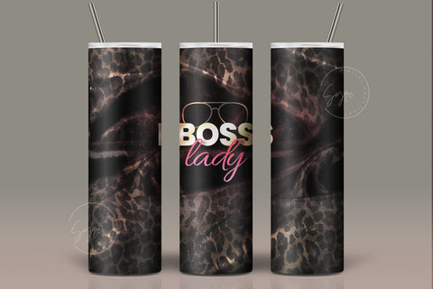 Boss Lady Tumbler, Leopard Print, Black Satin Fabric, Work From Home Mom, Boss Day Gift, 20 oz Seamless Sublimation Skinny Tumbler Wrap PNG Sublimation Syre Digital Creations 