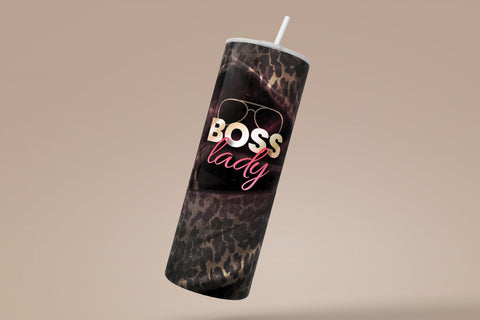 Boss Lady Tumbler, Leopard Print, Black Satin Fabric, Work From Home Mom, Boss Day Gift, 20 oz Seamless Sublimation Skinny Tumbler Wrap PNG Sublimation Syre Digital Creations 
