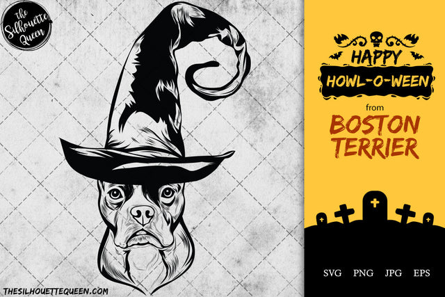 Boston Terrier dog svg portrait clipart vector graphic art Witch hat Halloween dog Cricut cut file cuttable design SVG Loveleen Kaur 