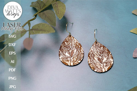Botanical Earrings SVG | Tear Drop Laser Earrings | Floral Dangle Earrings SVG Diva Watts Designs 