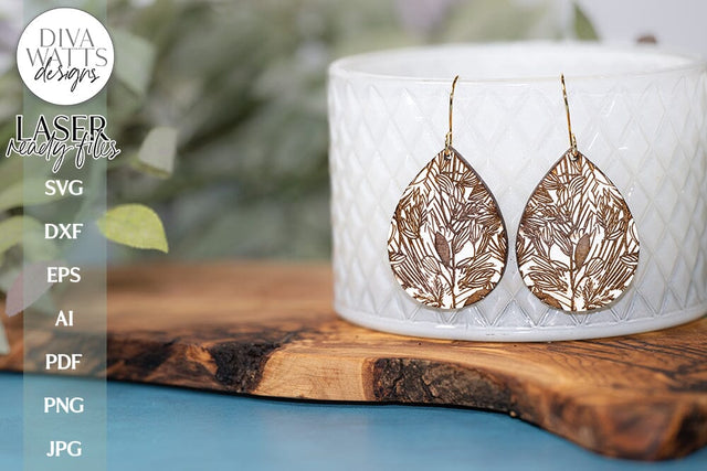 Botanical Earrings SVG | Tear Drop Laser Earrings | Floral Dangle Earrings SVG Diva Watts Designs 