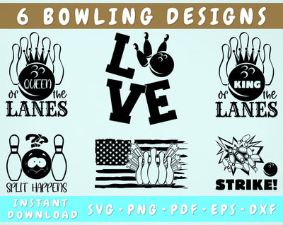 Bowling SVG Bundle, 6 Designs, Bowling Quotes SVG, Bowling Cut Files, King Of The Lanes SVG, Queen Of The Lanes SVG, Split Happens SVG SVG HappyDesignStudio 