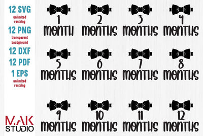 Bowtie theme baby monthly svg, Bowtie theme baby monthly svg files, 12 Month bundle outfit svg SVG MAKStudion 