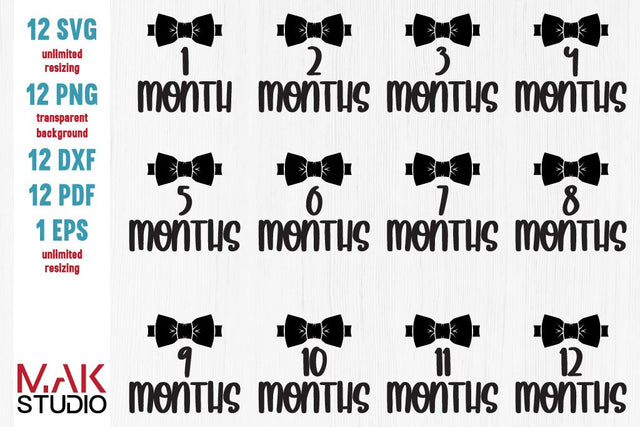 Bowtie theme baby monthly svg, Bowtie theme baby monthly svg files, 12 Month bundle outfit svg SVG MAKStudion 