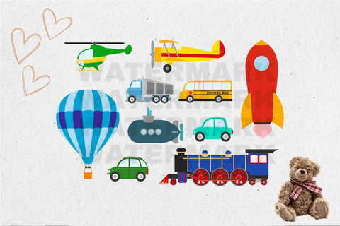 Boy Clip Art Car Bundle, Transportation Clip Arts, Birthday Clipart Set, Vehicles Cliparts, rocket svg, hot air balloon png, SVG Digital Good Things 