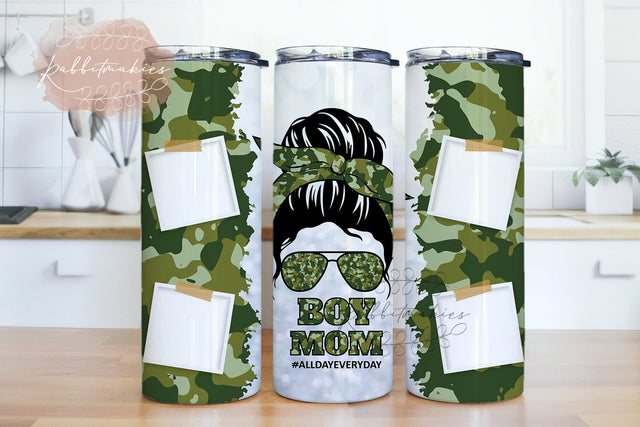 Boy Mom Messy Bun Photo Frame 20oz Skinny Tapered & Straight Tumbler Sublimation, Waterslide Digital Design Full Tumbler Wrap Png Download Sublimation Rabbitmakies 