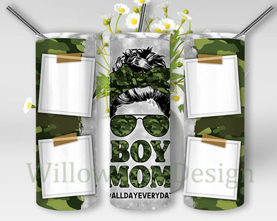 Boy Mom Tumbler Png, Messy Bun Photo Frame 20oz Skinny Tumbler, Boy Mom Camo Design Tumbler, All Day Everyday, Mom Sublimation Design, Digital Download Sublimation WillowSageDesign 