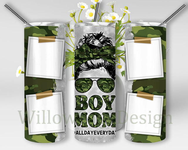 Boy Mom Tumbler Png, Messy Bun Photo Frame 20oz Skinny Tumbler, Boy Mom Camo Design Tumbler, All Day Everyday, Mom Sublimation Design, Digital Download Sublimation WillowSageDesign 