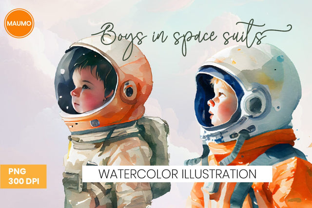 Boys in Space Suits Watercolor Clipart Sublimation Maumo Designs 