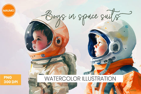 Boys in Space Suits Watercolor Clipart Sublimation Maumo Designs 