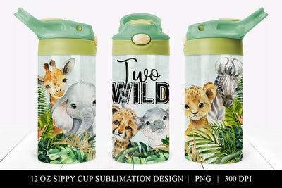 Boys TWO Wild Safari Animal 12 oz Sippy Cup Tumbler Wrap Sublimation BijouBay 