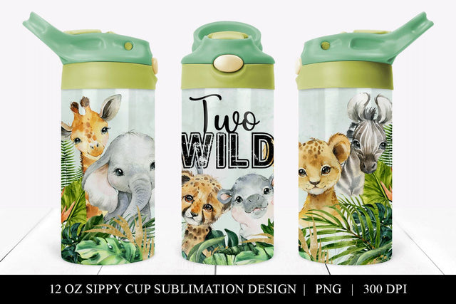 Boys TWO Wild Safari Animal 12 oz Sippy Cup Tumbler Wrap Sublimation BijouBay 