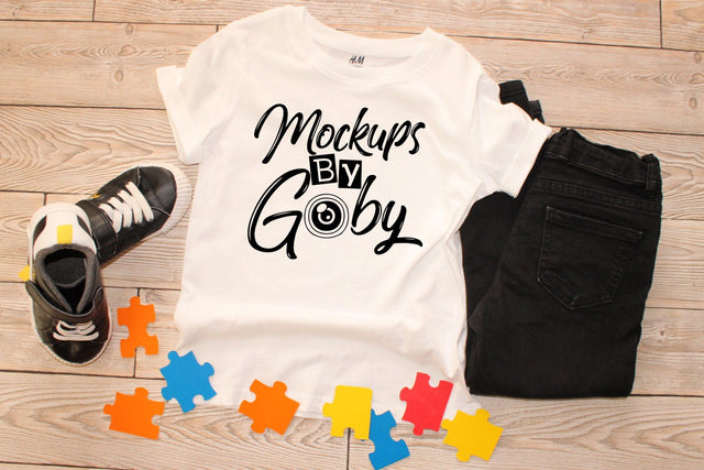 Boys White Shirt Mockups, Child Autism Mocku Ups, Puzzle Pieces, Digital Image Mockup, Picture, Logo Free,Toddler Clothes, Flat Lay, JPG Mock Up Photo ArtStudio 