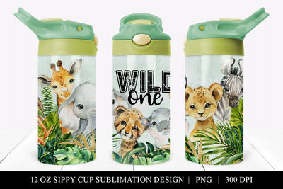 Boys Wild ONE Safari Animal 12 oz Sippy Cup Tumbler Wrap Sublimation BijouBay 