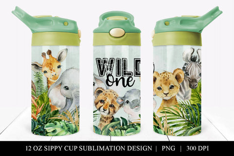 Boys Wild ONE Safari Animal 12 oz Sippy Cup Tumbler Wrap Sublimation BijouBay 