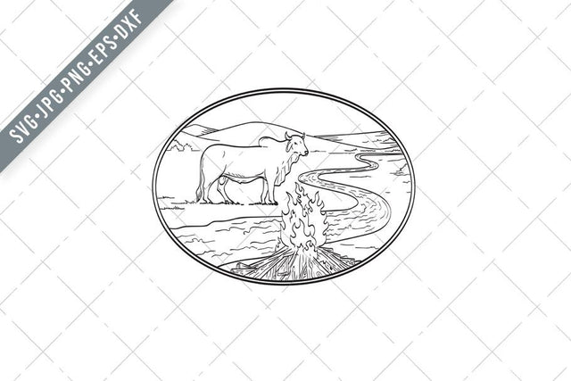 Brahman Bull Standing with Winding River or Creek Mountain Range and Campfire Line Art Drawing Tattoo Style Black and White SVG Patrimonio Designs Limited 