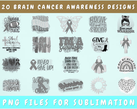 Brain Cancer Awareness Sublimation Designs Bundle, 20 Designs, Brain Cancer Warrior PNG Files, Gray Ribbon PNG Files Sublimation HappyDesignStudio 
