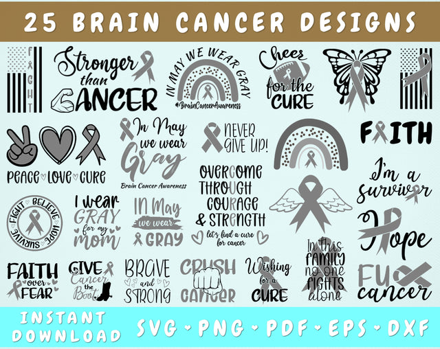 Brain Cancer Awareness SVG Bundle, 25 Bundle, Brain Cancer Ribbon SVG, Gray Cancer Ribbon SVG SVG HappyDesignStudio 