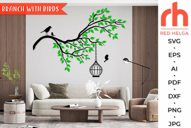 Branch with Birdcage SVG - Birds Cut File SVG RedHelgaArt 