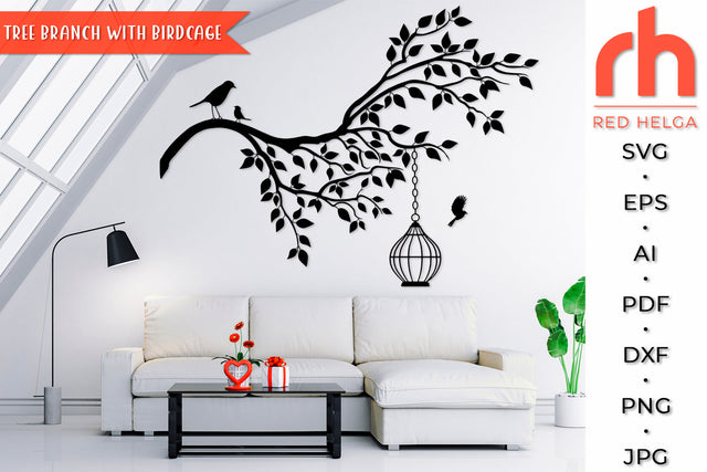 Branch with Birdcage SVG - Tree Silhouette Cut File SVG RedHelgaArt 