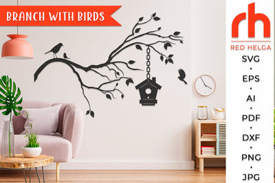 Branch with Birds SVG - Hanging Birdhouse Cut File SVG RedHelgaArt 