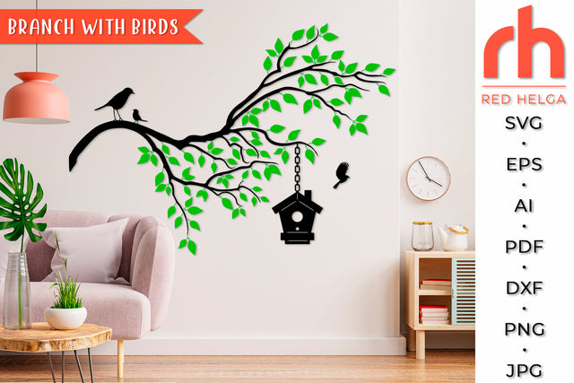 Branch with Birds SVG - Hanging Birdhouse Cut File SVG RedHelgaArt 