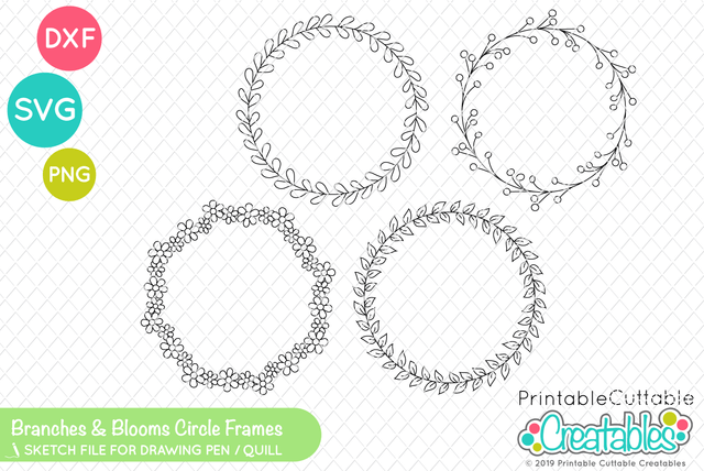 Branches and Blooms Circle Monogram Frame Sketch Set SVG Printable Cuttable Creatables 