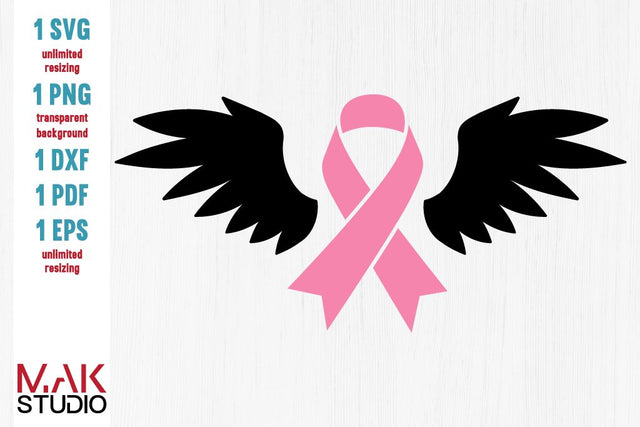 Breast cancer angel wings svg, Breast cancer svg, Angel wings cut file, Pink ribbon svg, Breast cancer dxf SVG MAKStudion 