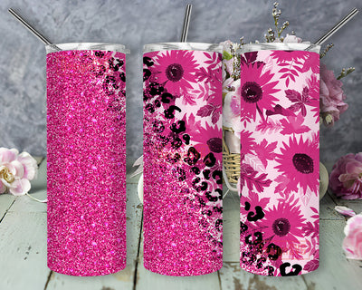 Breast Cancer Awareness 20oz Skinny Tumbler, Pink Leoprad Glitter Tumbler Png, Pink Floral Tumbler Wrap, Breast Cancer Sublimation Design, Digital Download Sublimation DesignSVG 