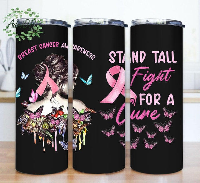 Breast Cancer Awareness 20oz Skinny Tumbler, Stand Tall Fight For A Cure Tumbler Png, Pink Ribbon Design Png, Girl Butterfly Tumbler Design, Instant Download Sublimation AdriOP 