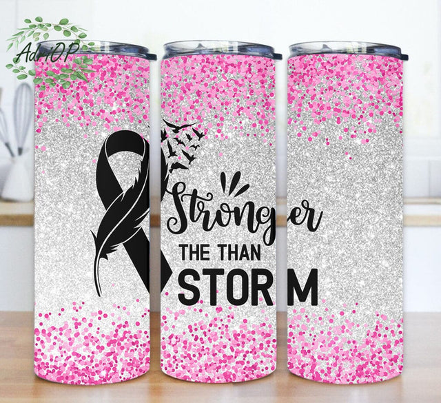 Breast Cancer Awareness 20oz Skinny Tumbler, Stronger Than The Storm Design Png, Pink Glitter Tumbler Wrap, Ribbon Design Png, Instant Download Sublimation AdriOP 