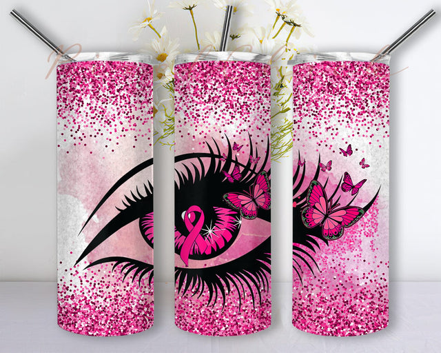 Breast Cancer Awareness Eye Tumbler Png, Pink Eye 20oz Skinny Tumbler, Pink Glitter Tumbler Wrap, Pink Ribbon Design Png, Motivational Tumbler Design, Digital Download Sublimation PixelChick 