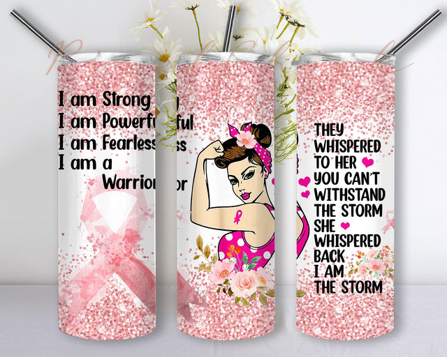 Breast Cancer Awareness Glitter Pink Tumbler, Cancer Warrior Pink Ribbon I Am Strong 20oz Skinny Tumbler Sublimation Designs, Straight/Tapered Tumbler Design, PNG DigitalDownload Sublimation PixelChick 
