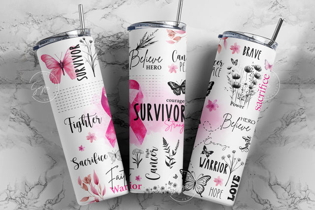 Breast Cancer Awareness, Pink Ribbon, 20 oz Skinny Tumbler Design PNG, Motivational Tumbler, Survivor Affirmations, Floral Tumbler, Digital Sublimation Syre Digital Creations 